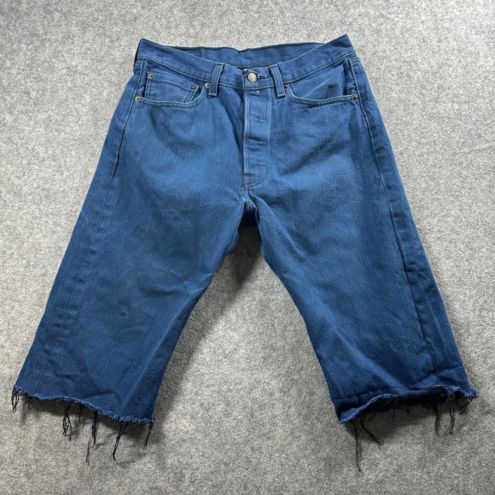 Levi's 501 Cut Off Denim Shorts Mens 32 Blue Raw Hem Button Fly 14" inseam